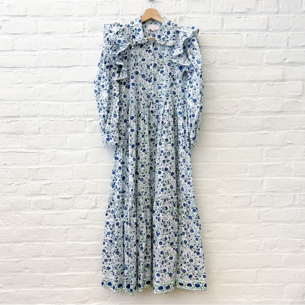 Mary Marshmallow || Floral Block Print Ruffle Collar Maxi Dress Blue White XS